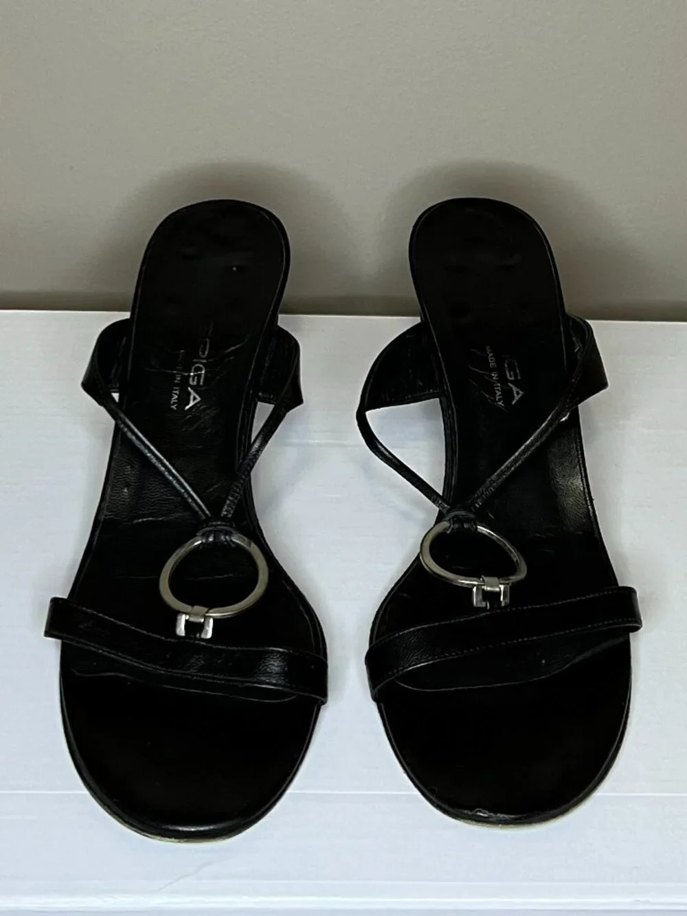 Via Spiga Black Leather Ring Accent Kitten Heel Sandals Women's 8 Italian